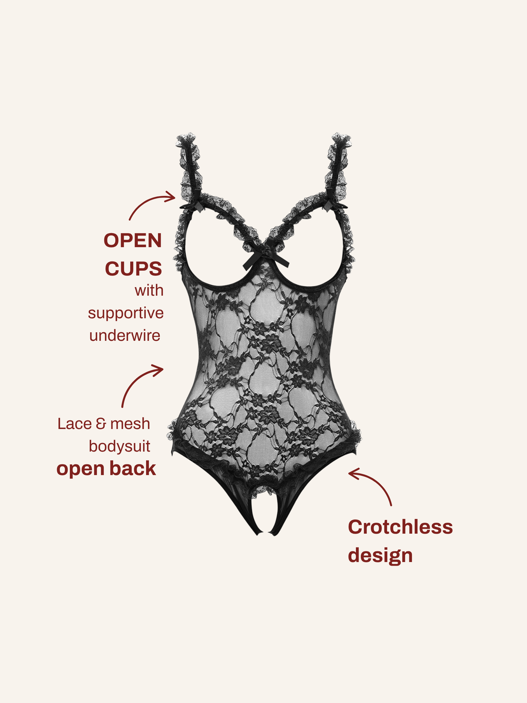 Amber Open Cup Crotchless Teddy With Keyhole Back