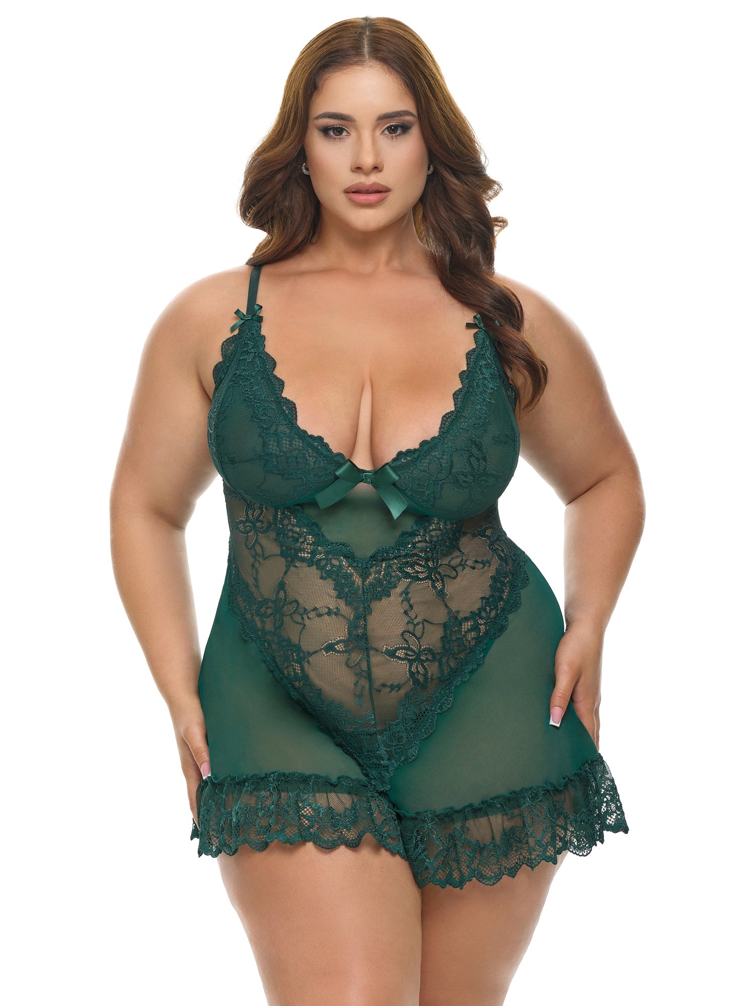 Valentine Soft Cup Lacey Plus Size Babydoll With Bows And G-string Panty